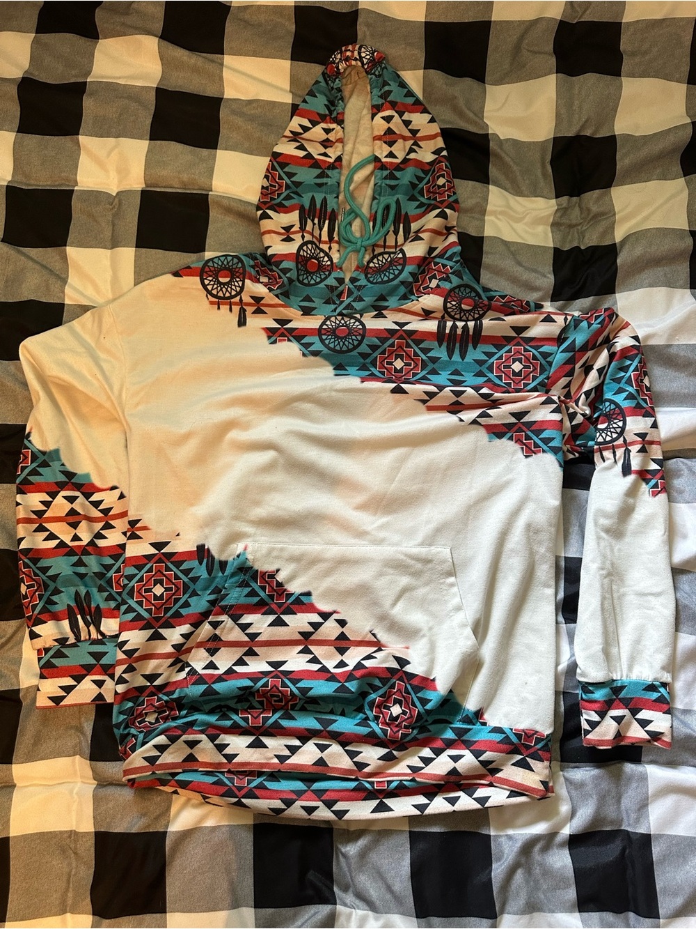 Aztec Print Hooded Pullover with Dreamcatcher Accent